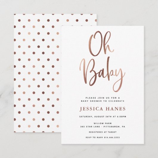 Oh Baby Roos Goudfolie Baby shower Uitnodiging (Voorkant / Achterkant)
