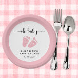 Oh Baby roze babyteentjes Papieren Bordje<br><div class="desc">Schattigee papieren borden voor je baby girl shower met "oh baby" in een stijlvol script met swashes en een roze waterverf van baby feet. Personaliseer met jouw naam en douchedatum.</div>