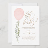 Oh Baby Roze ballon Eucalyptus Baby shower Invita Kaart (Voorkant)