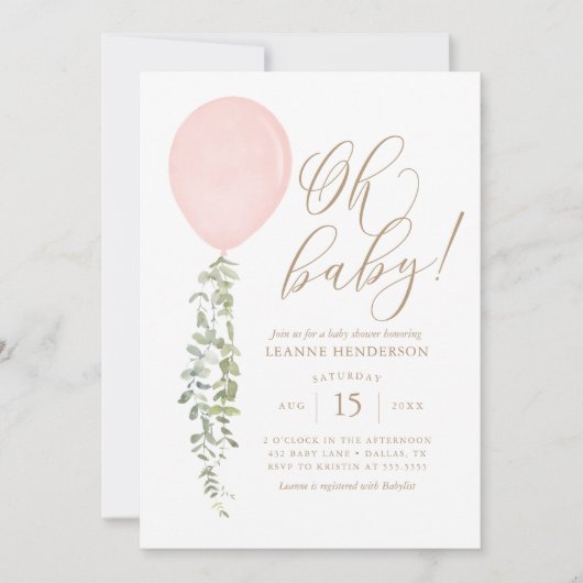 Oh Baby Roze ballon Eucalyptus Baby shower Invita Kaart (Voorkant)