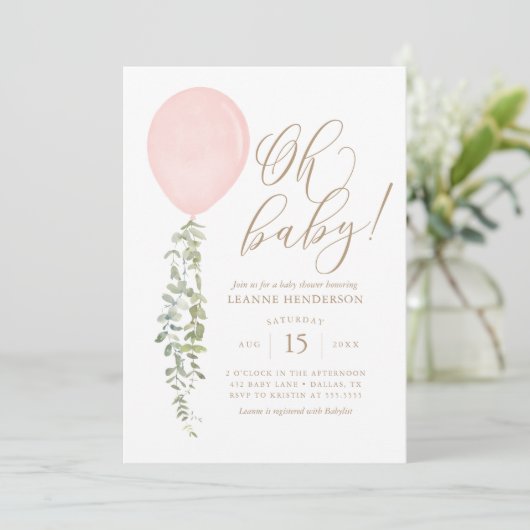Oh Baby Roze ballon Eucalyptus Baby shower Invita Kaart (Staand voorkant)