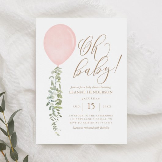 Oh Baby Roze ballon Eucalyptus Baby shower Invita Kaart