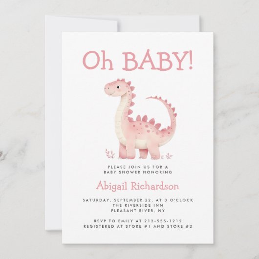 Oh Baby Roze Dinosaurus QR Code Meisjes Baby showe Kaart (Voorkant)