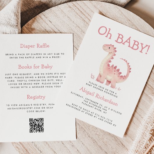 Oh Baby Roze Dinosaurus QR Code Meisjes Baby showe Kaart