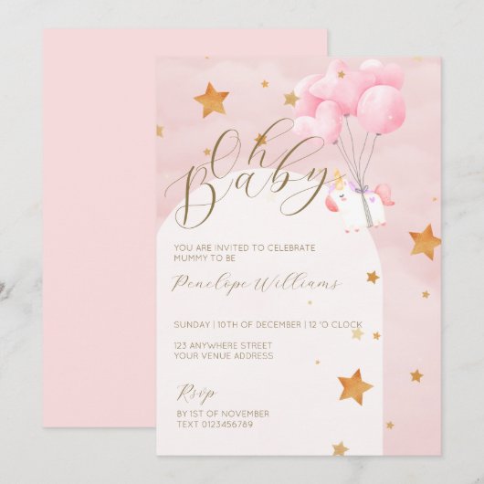 Oh Baby Roze Eenhoorn Baby Shower Uitnodiging (Voorkant / Achterkant)
