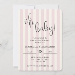 Oh Baby Roze en Crème Gestreepte Meisje Baby Showe Kaart