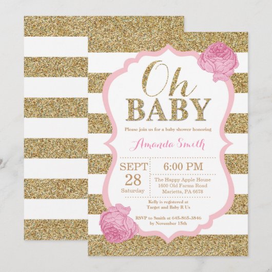 Oh Baby Roze en Gold Baby shower Uitnodiging (Voorkant / Achterkant)