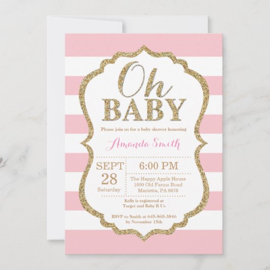 Oh Baby Roze en Gold Baby shower Uitnodiging (Voorkant)