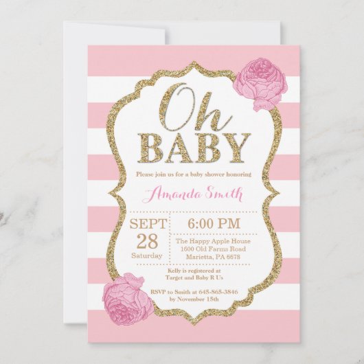 Oh Baby Roze en Gold Baby shower Uitnodiging (Voorkant)