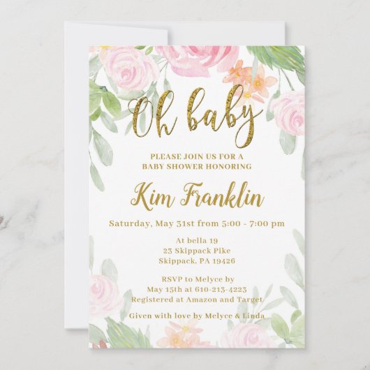 Oh Baby Roze en Gold Baby shower Uitnodiging (Voorkant)