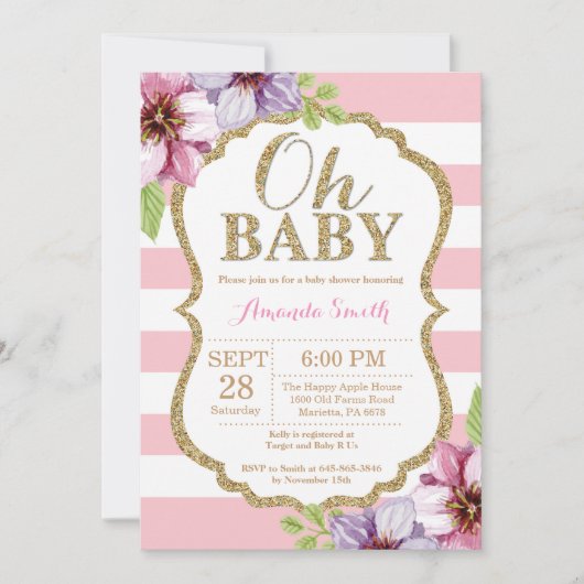 Oh Baby Roze en Gold Baby shower Uitnodiging (Voorkant)