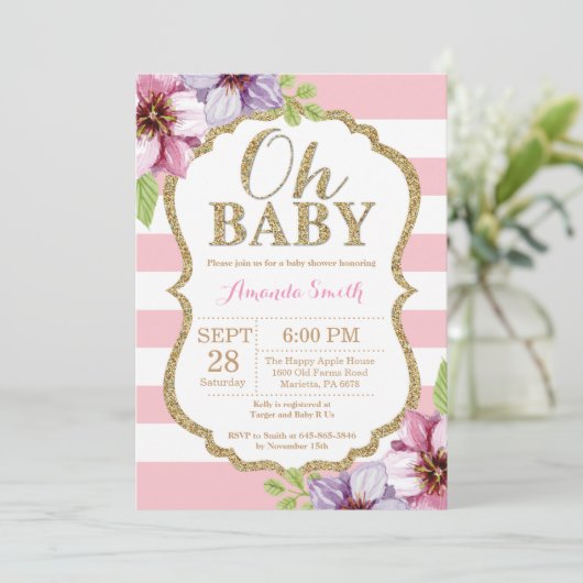Oh Baby Roze en Gold Baby shower Uitnodiging (Staand voorkant)