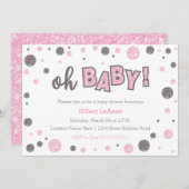 oh Baby Roze en grijze glitter doucheuitnodiging Kaart (Voorkant / Achterkant)