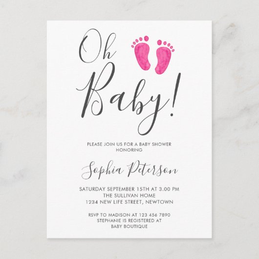 Oh Baby roze Feet Baby shower Uitnodiging Briefkaart (Voorkant)