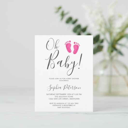 Oh Baby roze Feet Baby shower Uitnodiging Briefkaart (Staand voorkant)