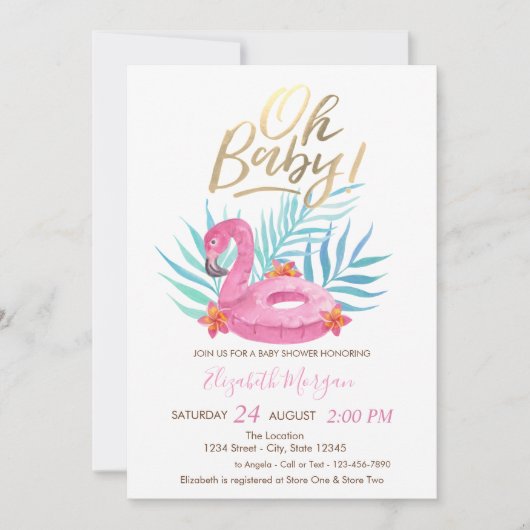 Oh Baby Roze Flamingo Palm Leaves Baby shower Kaart (Voorkant)