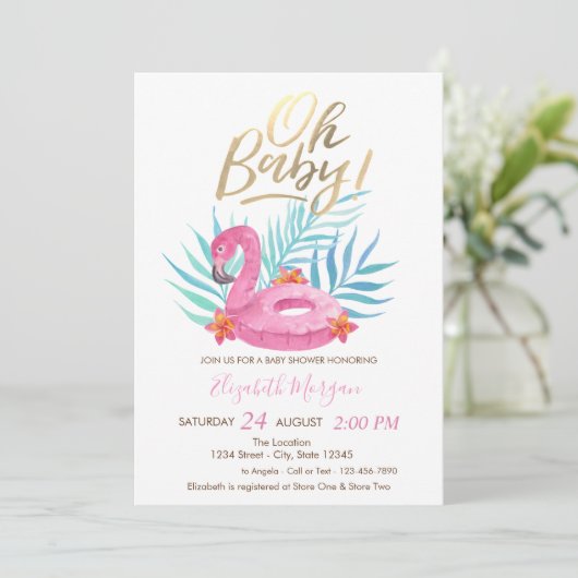 Oh Baby Roze Flamingo Palm Leaves Baby shower Kaart (Staand voorkant)