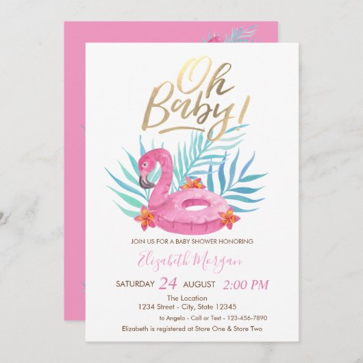 Oh Baby Roze Flamingo Palm Leaves Baby shower Kaart (Voorkant / Achterkant)