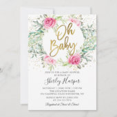 Oh Baby Roze Floral Greenery Glitter Baby shower Kaart (Voorkant)