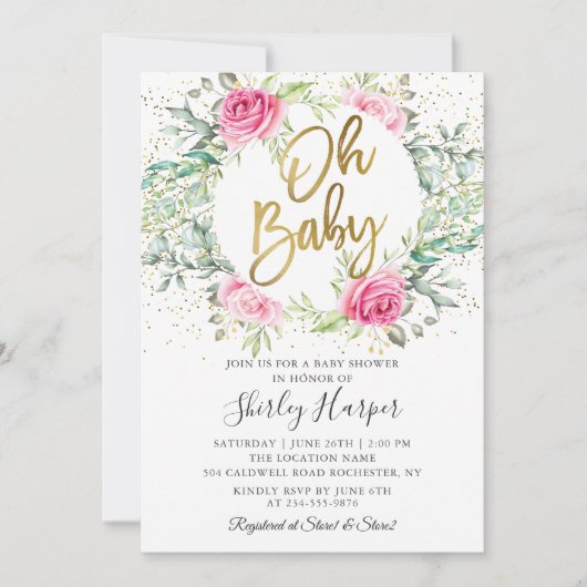 Oh Baby Roze Floral Greenery Glitter Baby shower Kaart (Voorkant)