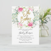 Oh Baby Roze Floral Greenery Glitter Baby shower Kaart (Staand voorkant)