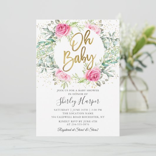 Oh Baby Roze Floral Greenery Glitter Baby shower Kaart (Staand voorkant)