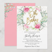 Oh Baby Roze Floral Greenery Glitter Baby shower Kaart (Voorkant / Achterkant)