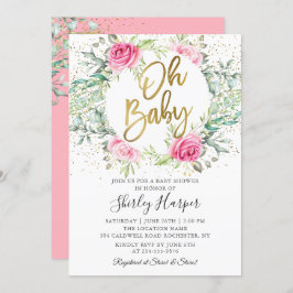Oh Baby Roze Floral Greenery Glitter Baby shower Kaart