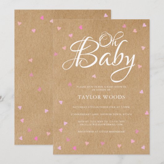 Oh Baby roze harten Baby shower Rustic Boho Kaart (Voorkant / Achterkant)