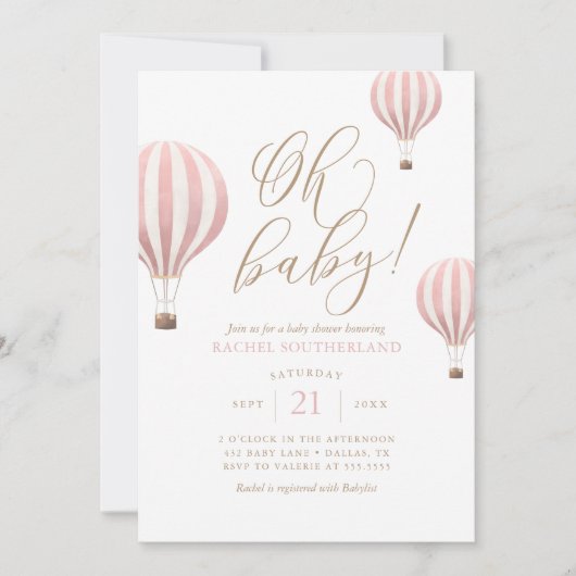 Oh Baby Roze Hot Air Ballon Baby shower Invitatie Kaart (Voorkant)