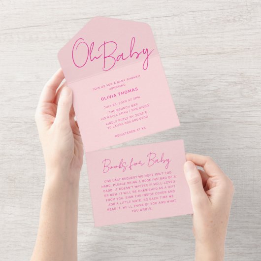Oh Baby Roze Minimale Baby shower All In One Uitnodiging (Afscheurbaar)