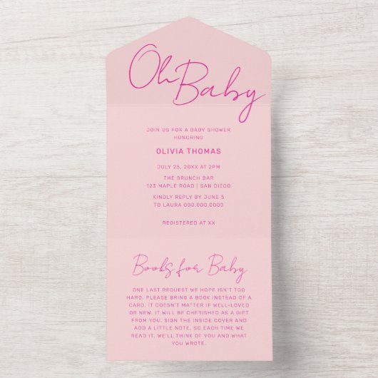 Oh Baby Roze Minimale Baby shower All In One Uitnodiging (Binnen)