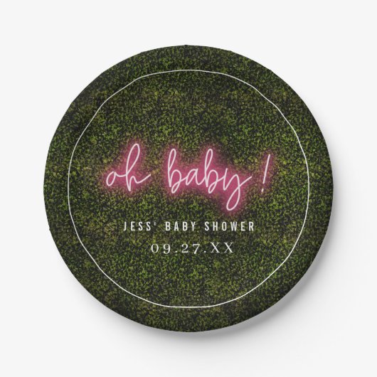 Oh Baby Roze Neon Boxwood Baby shower Papieren Bordje (Voorkant)