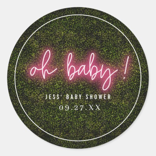 Oh Baby Roze Neon Boxwood Baby shower Ronde Sticker (Voorkant)