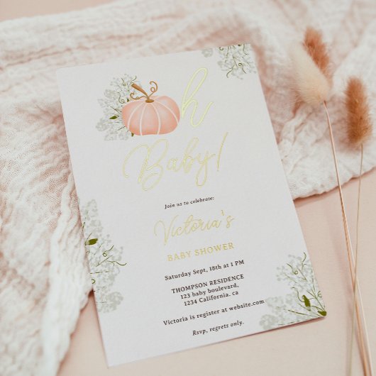 Oh Baby roze pompoen bloemenmeisje baby shower Folie Uitnodiging