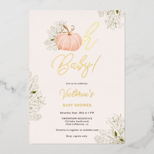 Oh Baby roze pompoen bloemenmeisje baby shower Folie Uitnodiging (Voorkant)