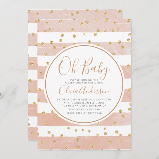 Oh Baby Roze Stripe Glitter Baby shower Kaart (Voorkant / Achterkant)