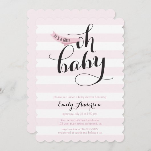 Oh Baby Roze Stripes Baby shower Uitnodigen Kaart (Voorkant / Achterkant)