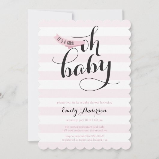 Oh Baby Roze Stripes Baby shower Uitnodigen Kaart (Voorkant)