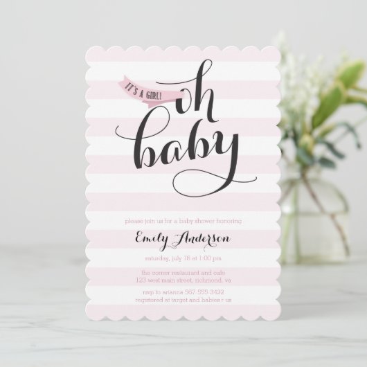 Oh Baby Roze Stripes Baby shower Uitnodigen Kaart (Staand voorkant)