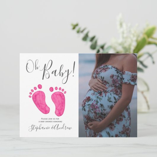 Oh Baby Roze Voetjes Foto Meisje Baby Shower Kaart (Staand voorkant)