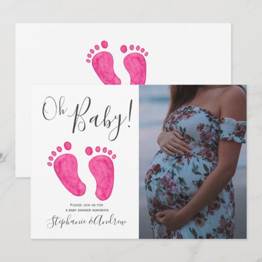 Oh Baby Roze Voetjes Foto Meisje Baby Shower Kaart (Voorkant / Achterkant)