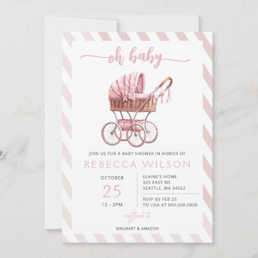 Oh Baby Roze wandelwagen Pram Girl Baby shower Kaart (Voorkant)