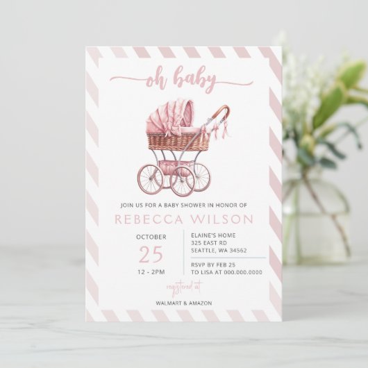 Oh Baby Roze wandelwagen Pram Girl Baby shower Kaart (Staand voorkant)