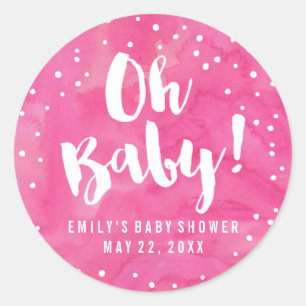 Oh Baby roze Waterverf Baby shower Ronde Sticker