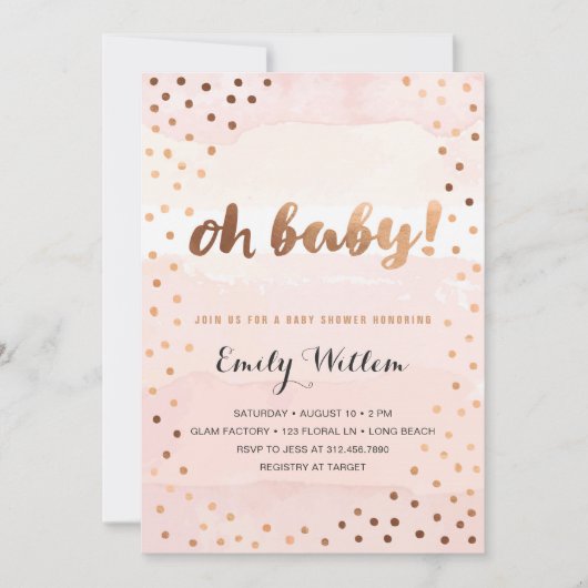 OH BABY. Roze Waterverf & Gold Foil Baby shower Kaart (Voorkant)