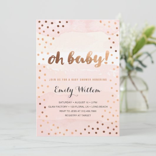 OH BABY. Roze Waterverf & Gold Foil Baby shower Kaart (Staand voorkant)