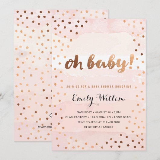 OH BABY. Roze Waterverf & Gold Foil Baby shower Kaart (Voorkant / Achterkant)