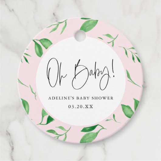 Oh Baby Roze Waterverf Groen Print Baby shower Bedankjes Labels (Voorkant)