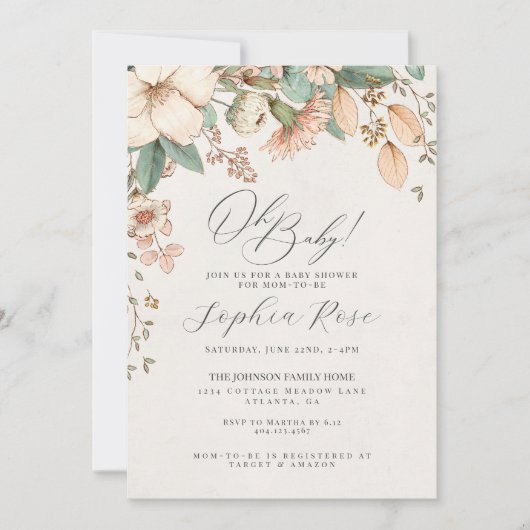 Oh Baby roze wilde bloem bloemenmeisje baby shower (Voorkant)